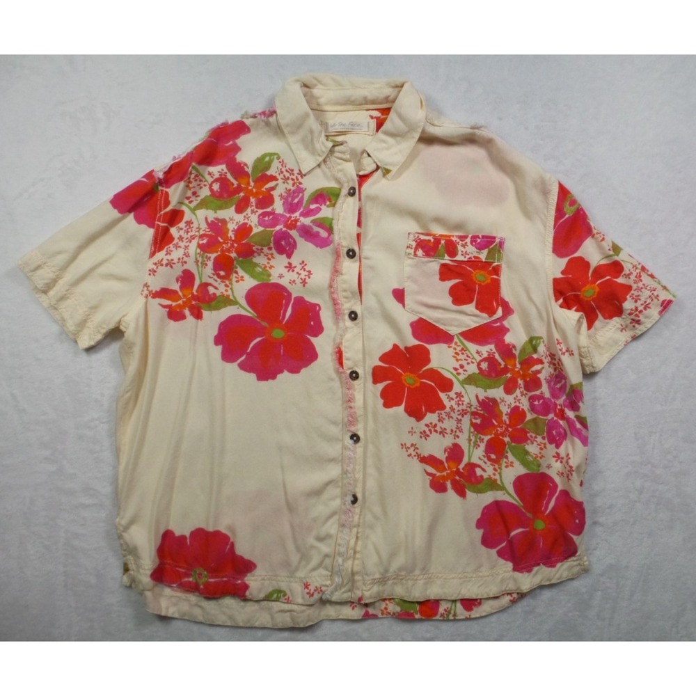 Free People We The Free Top Womens Size XS Beige Floral Button Up Short Sleeve